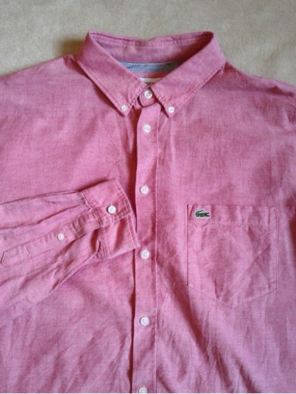 Lacoste Regular Fit Button Down Polo Shirt Men XL FR 44 Pink Long Sleeve Cotton